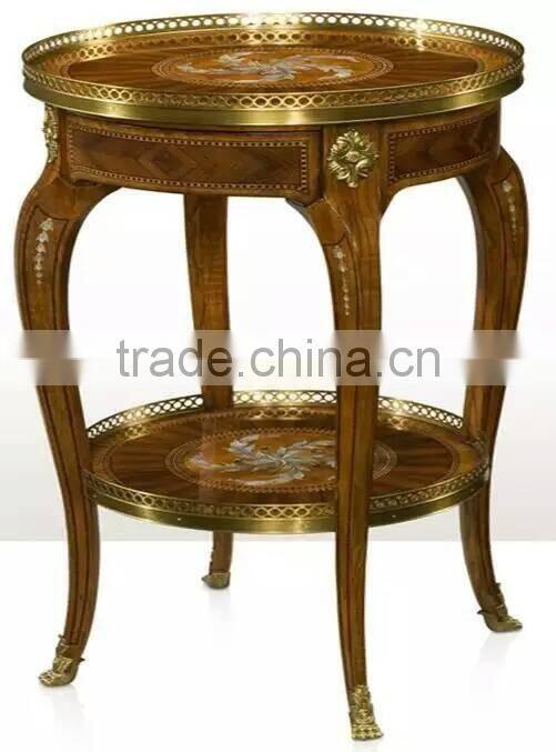 Vintage Natural Wood Carved Coffee Table With Brass Pedestal Handmade Marquetry Round Side Table Castle Living Room Furniture
