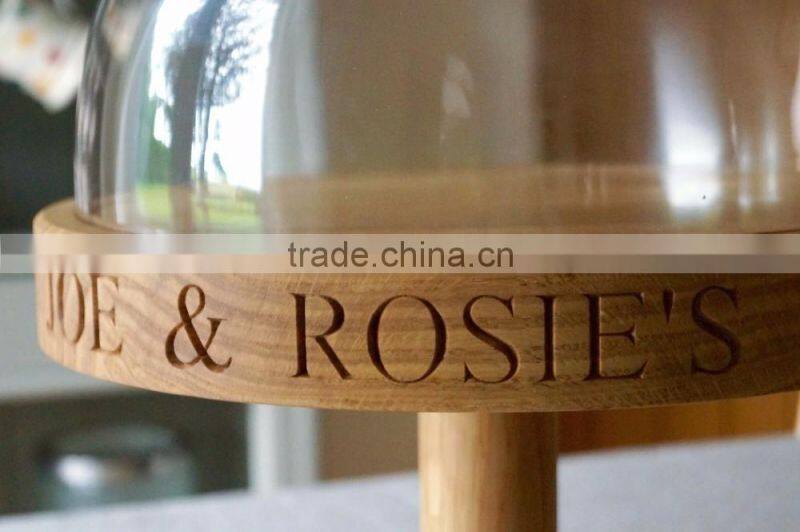 Oak Cake Stand with Laser Logo For Party Home Use Dessert Holder With Glass Cover