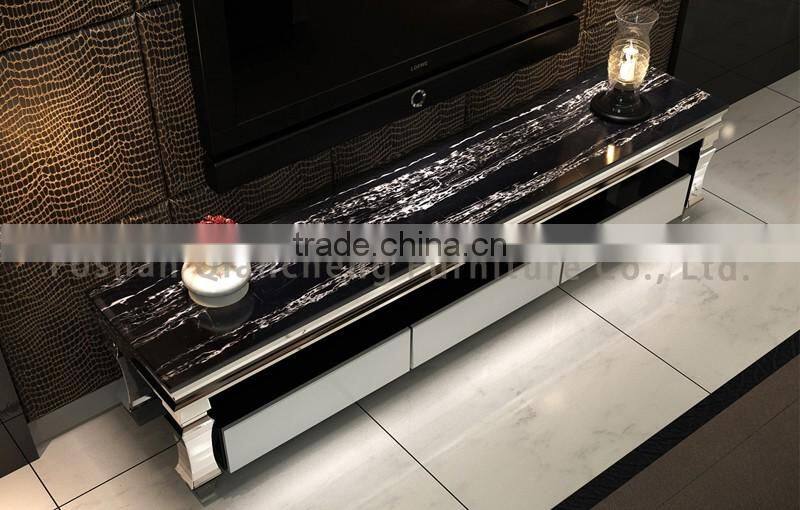 Modern silver mirror tv stand with 20mm marble top