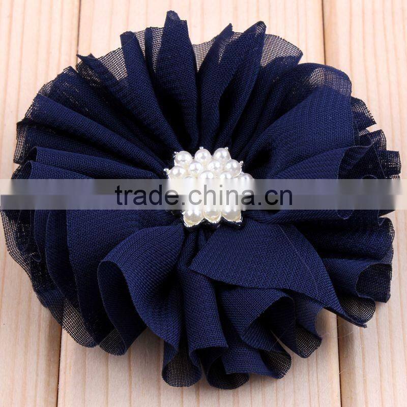 hot cutting chiffon flower with pearl bead center for kids hair accessories