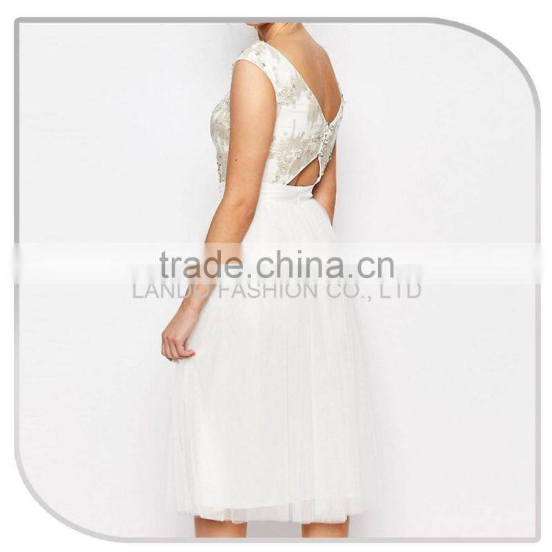 Customized New fashion cap sleeve free prom one piece dress sequin stitching double layer chiffon dress