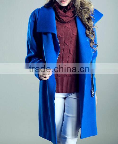 latest ladies quality overcoat blue wool/polyester woman factory wholesale coat