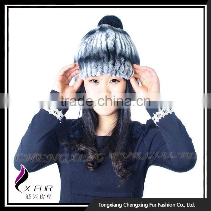 CX-C-116H Hand Knitted Beanie With Fur Ball Stock Rex Rabbit Fur Ladies Hats