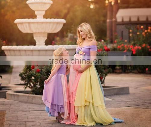 Rainbow Baby Girls Gown Multi-layer Maxi Mommy And Me Long Dress Chiffon New Style