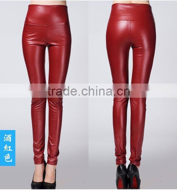 wholesale plain womens tight pants/sexy faux leather high waist leggings stretch PU pants laides skinny trousers
