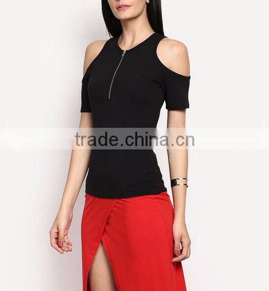 Blank cold shoulder t-shirt women clothes fittes zipper up t shirt