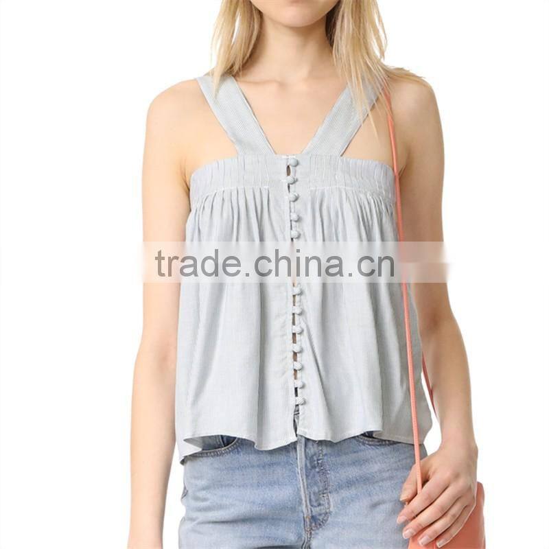 2017 OEM Wide Strapes Front Button Closure Navy Striped Blouse