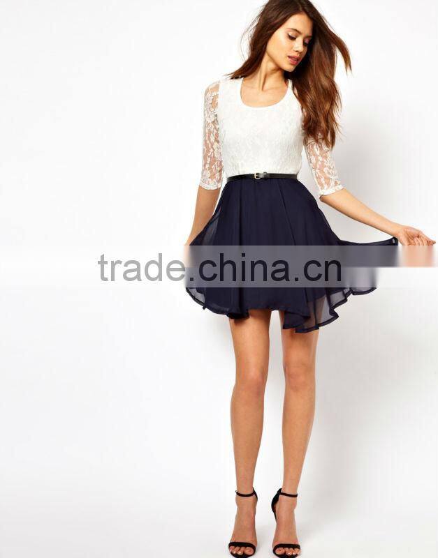 Lace Belted Skater Dress