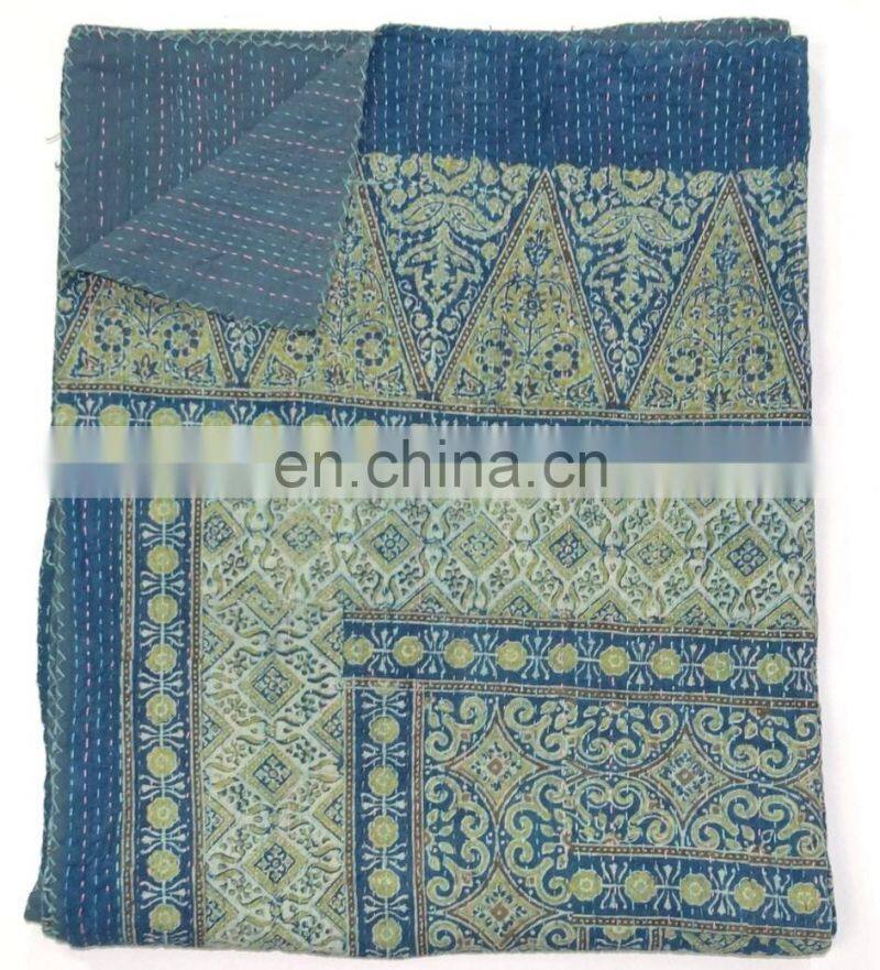 Gold Supplier Beautiful Hot Selling Indigo Print Vegetable Dye Ajrakh Kantha Throw