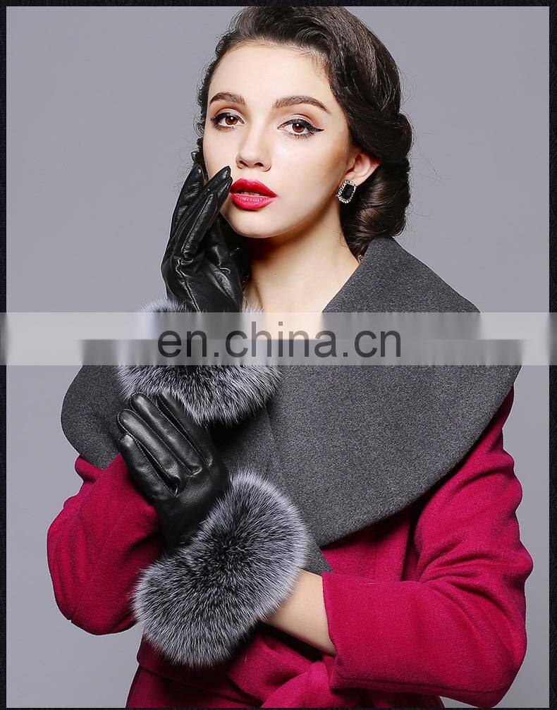 Genuine Sheepskin Leather Gloves Real Fox Fur Cuffs Gloves for Women Winter Leather Glove
