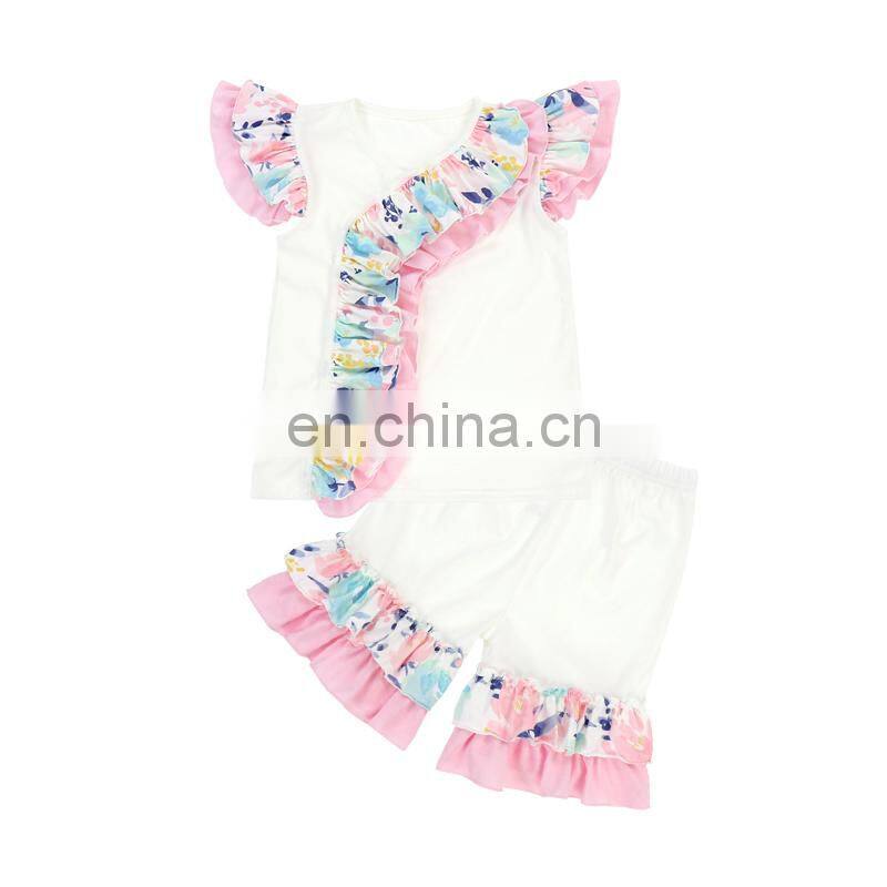 Unique ruffle flutter sleeve girl top baby white color top with colorful ruffles