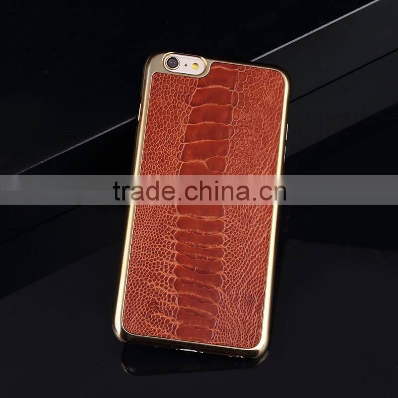 Luxury genuine ostrich leg leather case for iphone 6 with gold frame