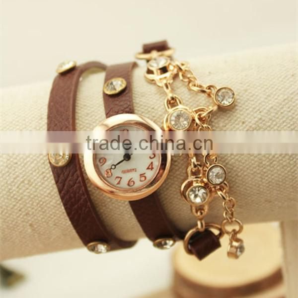 2015 Leather Strap Vintage Bracelet Lady Watch Relojes With Pendant
