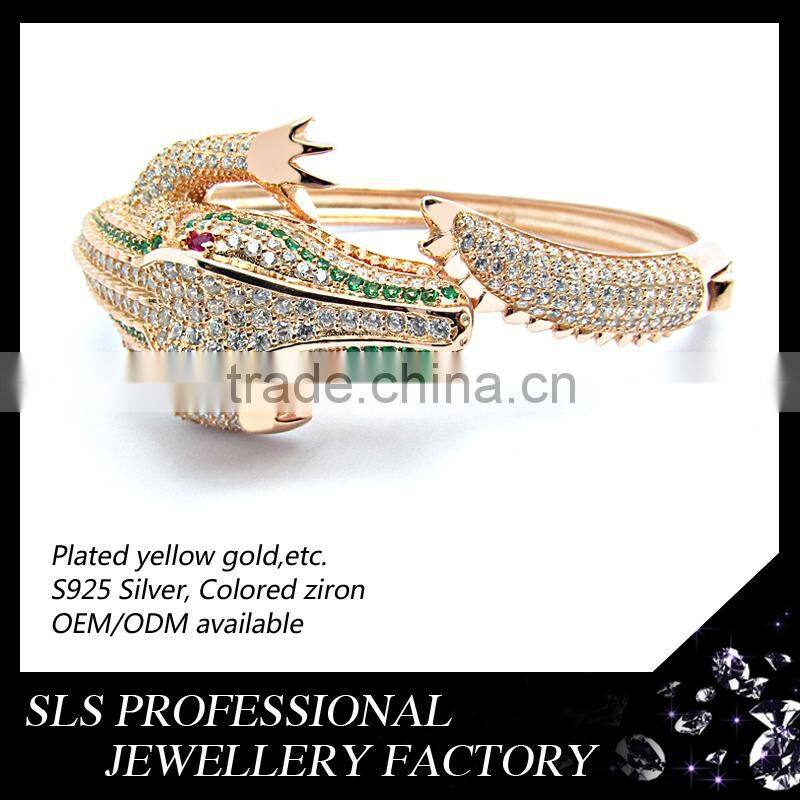 Animal 925 sterling silver bangles for men setting green CZ and white natural stone bangle