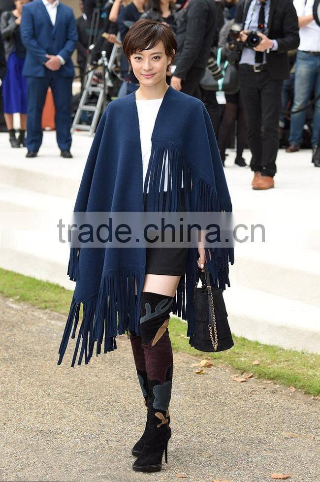 Latest Style Navy Blue Color Tassel Poncho Wool Shawl