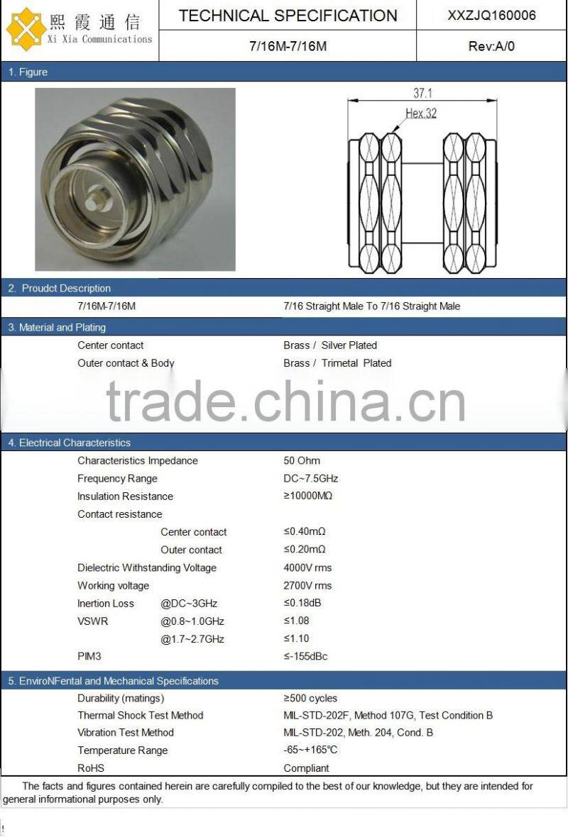 7/16 type Male to 7/16 type Male rf coaxial connector/adapter high quality and large volume sold to global market