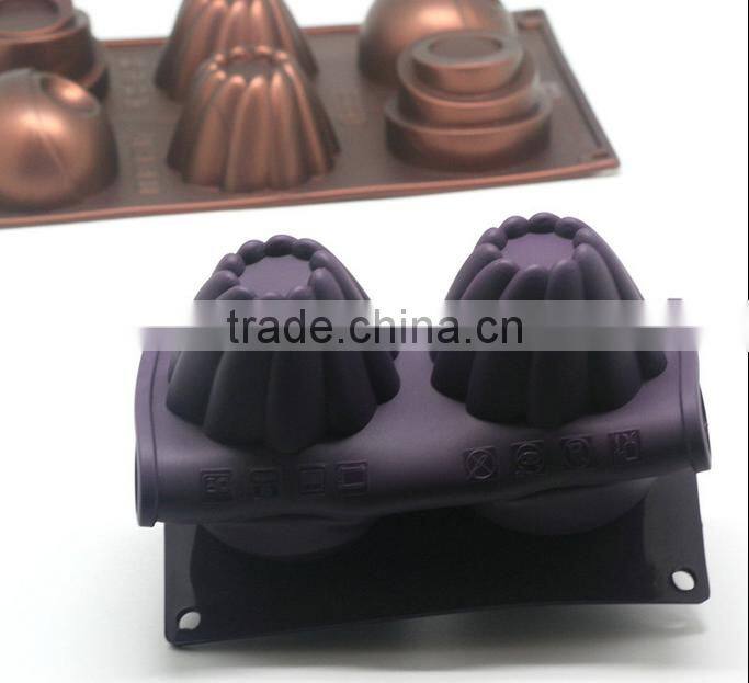 2016 Hot sale food grade FDA and LFGB 6 hole new creative metal colorful silicone cake mold