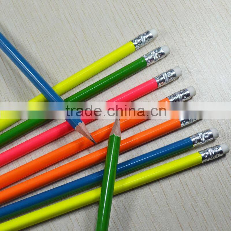 Standard size triangular shape neon color body HB pencil sharpened with eraser
