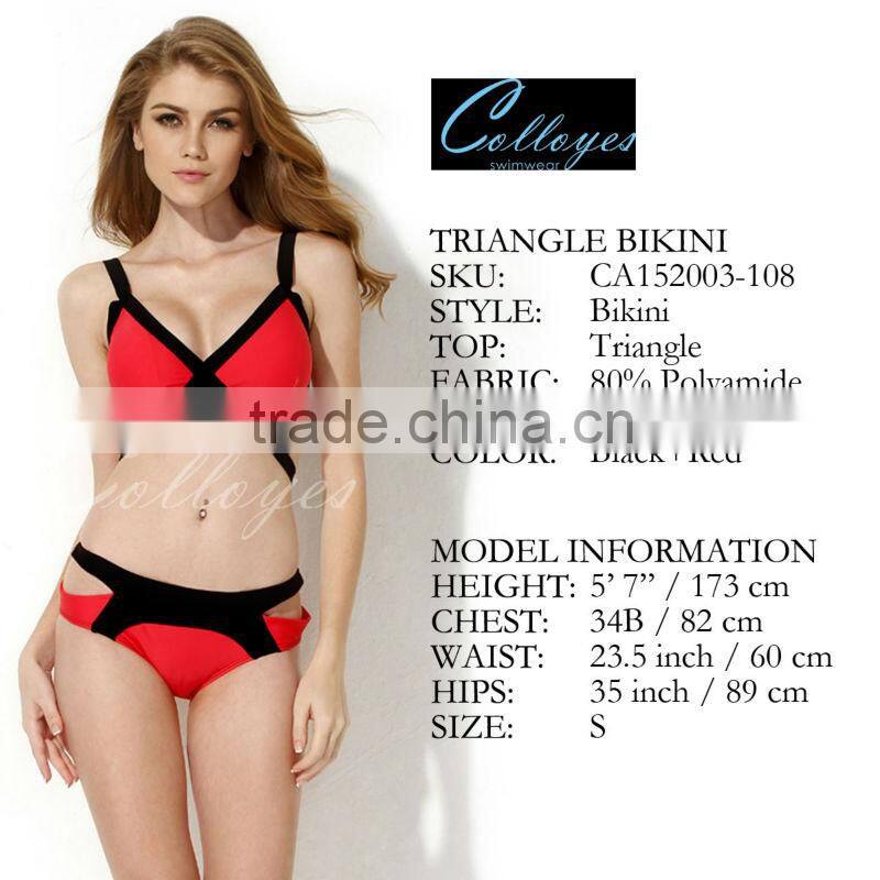 Colloyes 2016 New Sexy Triangle Top Black + Red with Classic Cut Bottom Bikini Swimwear
