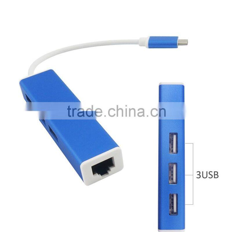 USB-C 3.1 Type-C to 3 port USB 2.0 Hub with /100/1000M RJ45 LAN Adapter for Windows
