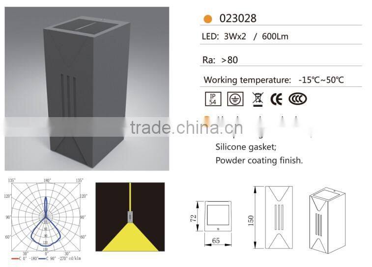 W-023028 2*3W cob led residential up down wall sconce,high quality wall lamp for balcony/ for veranda