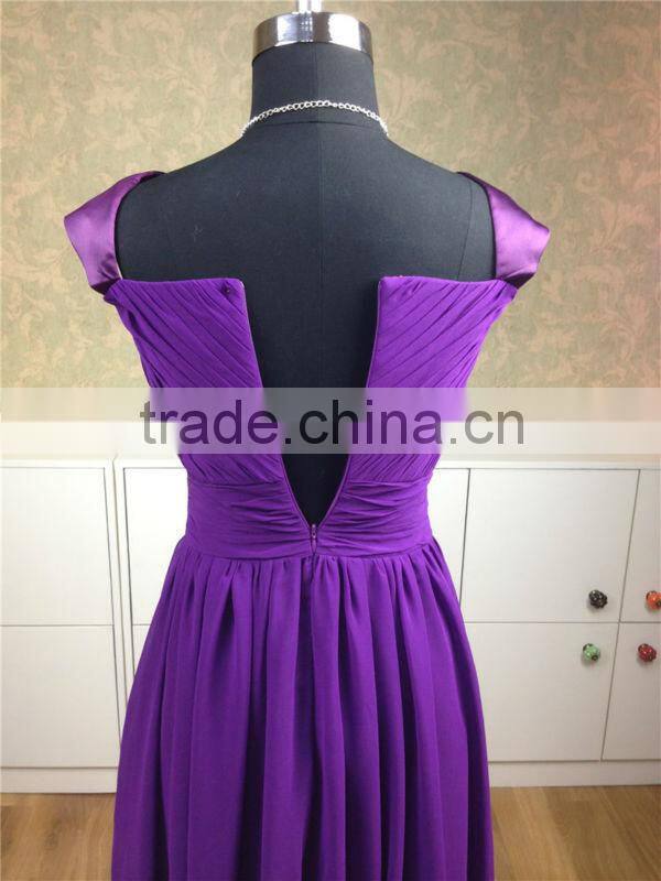 Generous cap sleeves dark purple bridesmaid dress 2015 chiffon maxi evening long dress for muslim women guangdong factory made