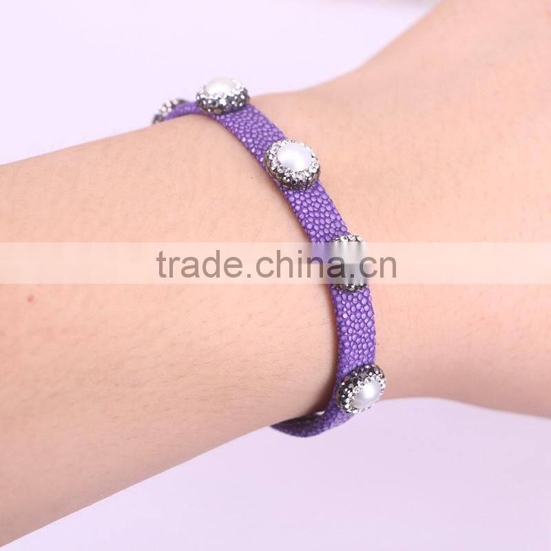 Purple Color Fish Skin Bracelet, with Pave Crystal Freshwater Pearl Bead Leather Cuff Bangle