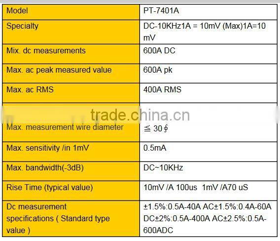 Current probe PT-740 1A Conversion ratio 2Range 10mV /A ;1mV /A Specialty DC-10KHz1A = 10mV (Max)1A=10 mV