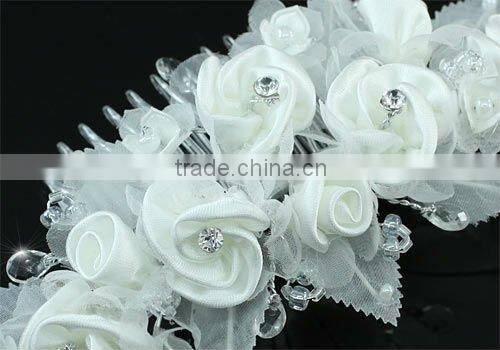 Bridal Handmade White Rose Fabric Crystal Hair Comb CT1394