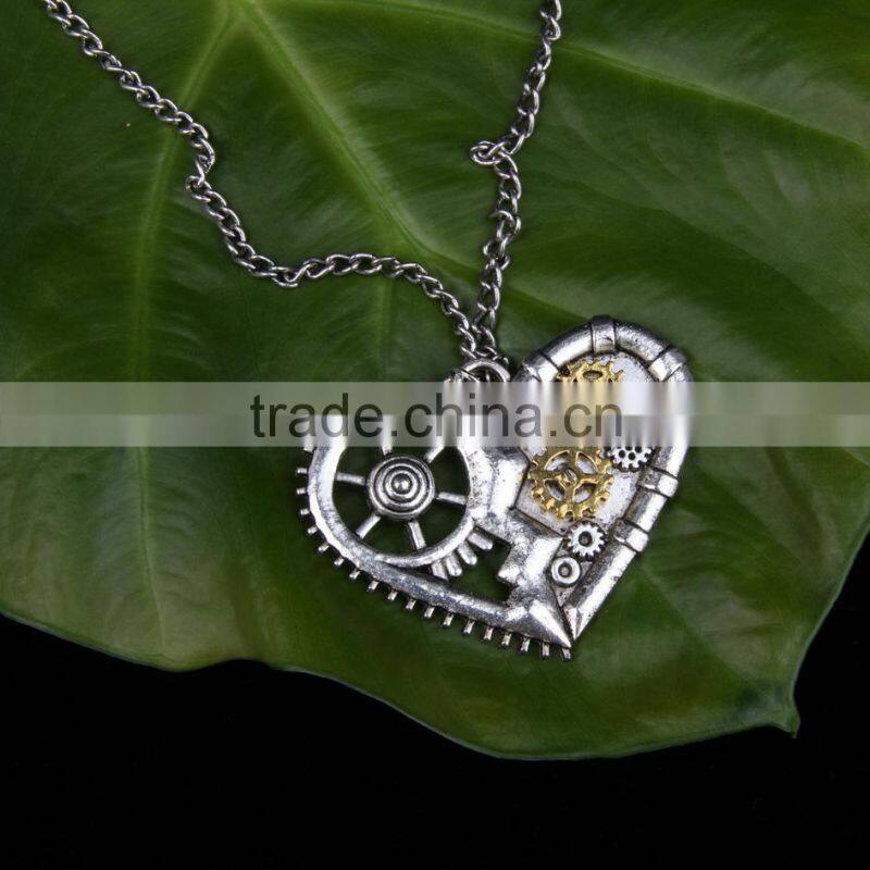 2015 yiwu fashion imitation jewelry hot sale steampunk necklace gear steam heart pendant cameo statement necklace
