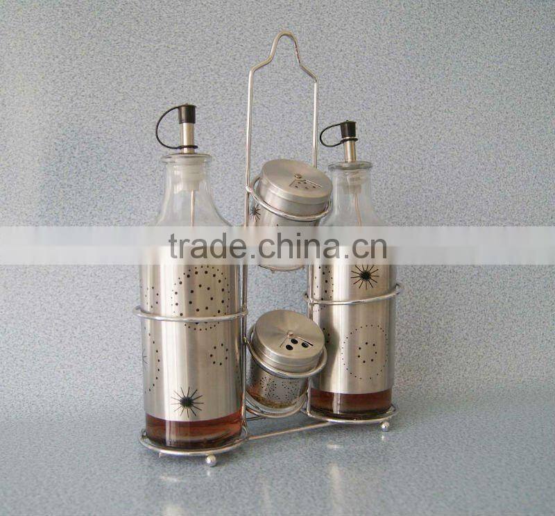 shining stainless steel coated glass cruet with metal rack