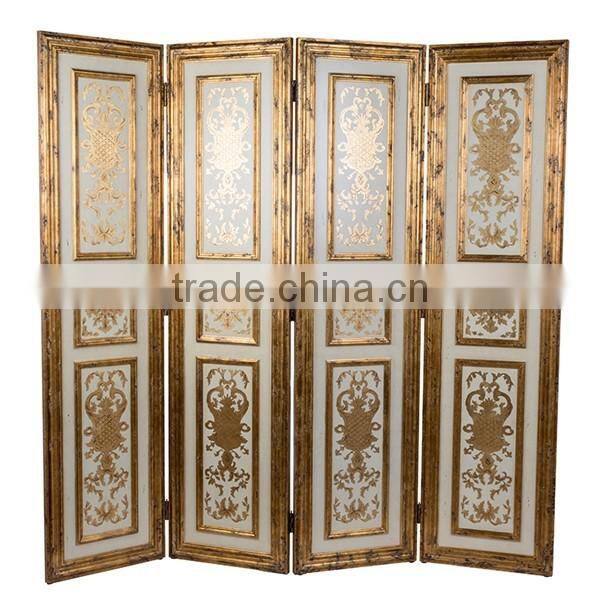 Elegant Gilt Wooden Floor Screen, Gold Painted Flower & Bird Four Panel Folding Screen, Curio Classic Furniture Decor Screen
