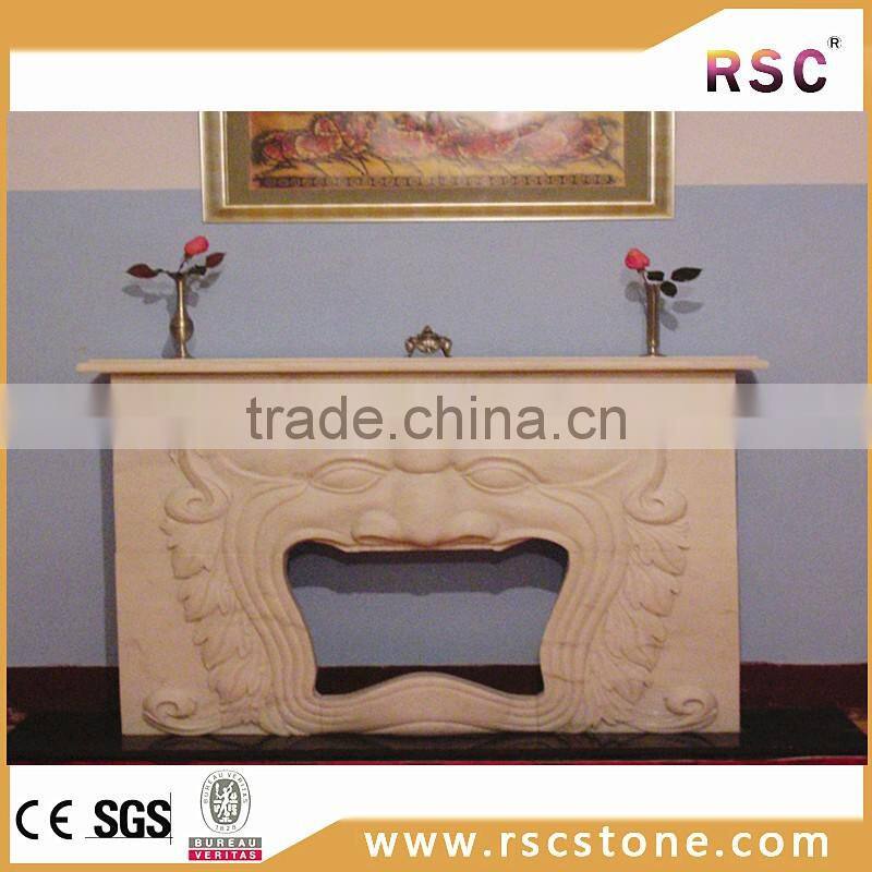 Indoor used Lion statue beige marble fireplace mantel