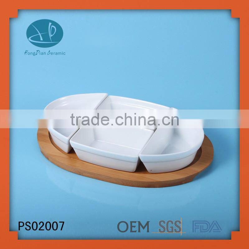 ceramic set, snack serving dish with wood tray,multiserver porcelain servers with bamboo tray