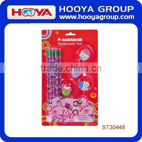 Hot Wholesales 12pcs Stationery Set include 8pcs Pencil and Eraser for School Promotion