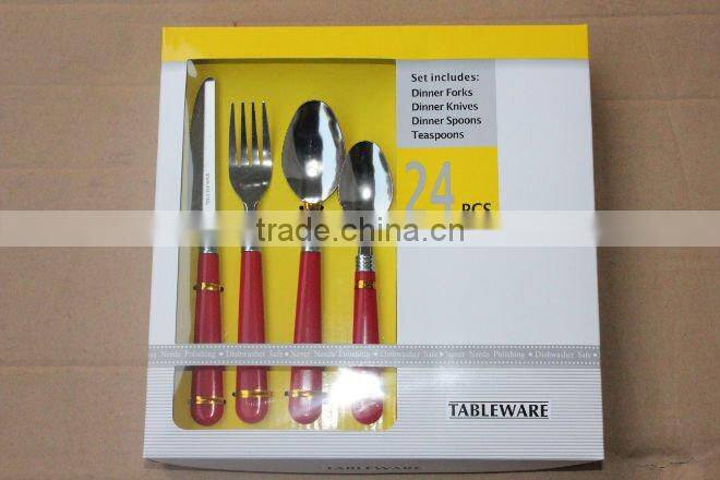 24pcs Hot-sale stainless steel flatware set with plastic handle
