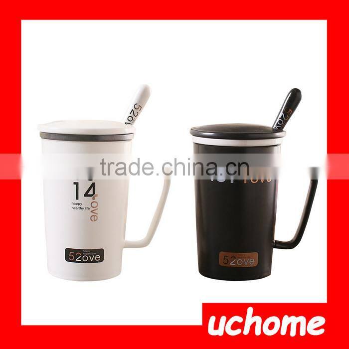 UCHOME Black And White Ceramic Couple Milk Mug Cups With Lid And Spoon