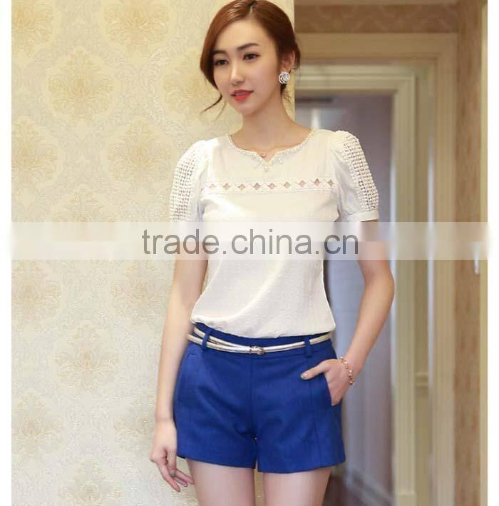 2015 Lady Women Clothing Short Sleeve Shirt O Neck Doll Chiffon Lace Blouse Tops Plus Size XXL