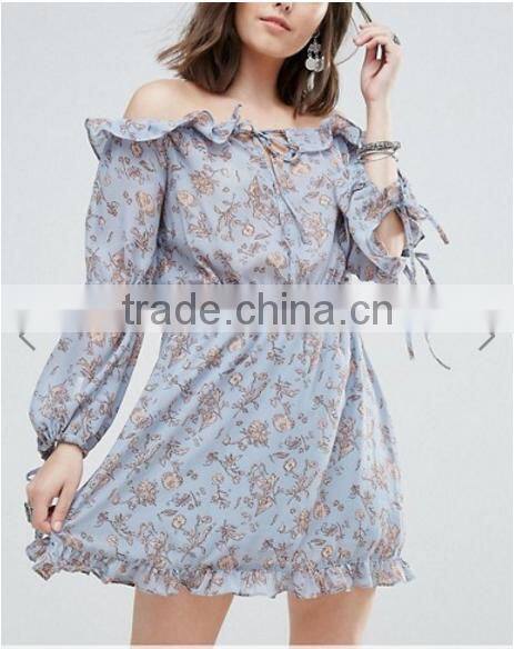 Summer Dress Clothes Women Long Sleeve Multicolor Floral Print Chiffon Short Dress