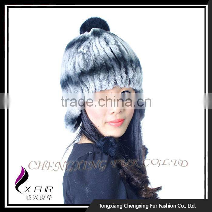 CX-C-116H Hand Knitted Beanie With Fur Ball Stock Rex Rabbit Fur Ladies Hats