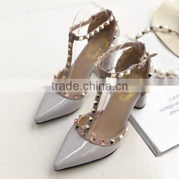 F20012H Pointed high heel women shoes rivets sexy shiny PU women shoes