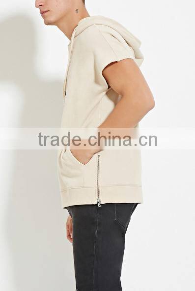 Hotsale design cotton fleece pocket zip plain solid color pullover short sleeve plain hoodies wholesale made in china
