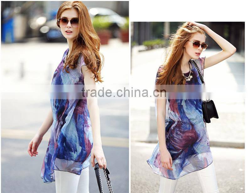 2016 Hotsale Ruffles women Short-sleeve Loose Slim Chiffon long blouse shirts tops with DIY Printing