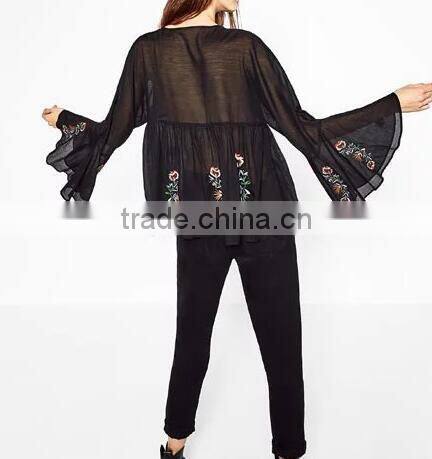 Runwaylover EY2375B 2017 Fashion Women Flare Sleeve Chiffon Embroidery Blouse