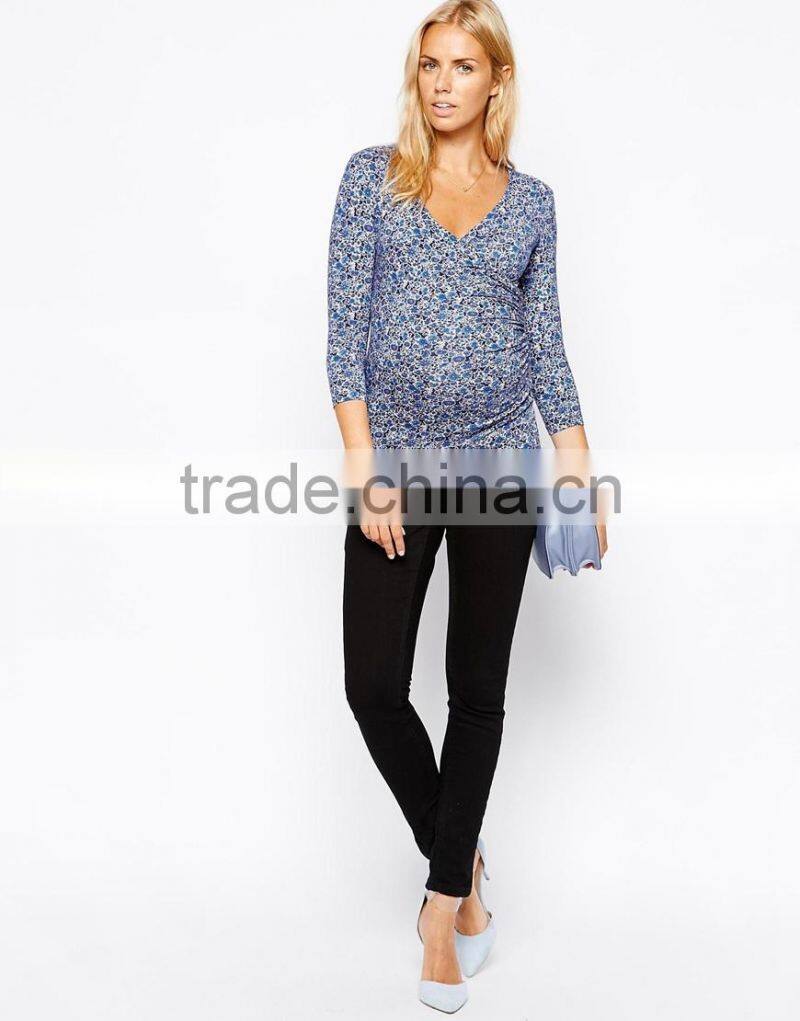 Maternity Top Isabella Oliver Blue Ditsy Print Wrap Tuni