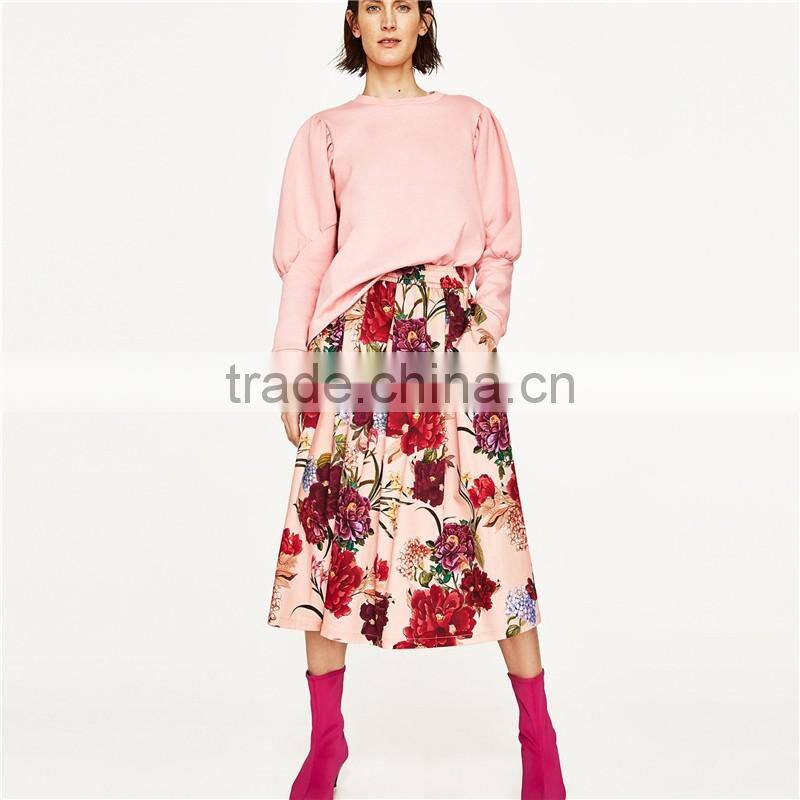2017 OEM Spring Elegant Flower-printed Circle Skirt with Side Pockets