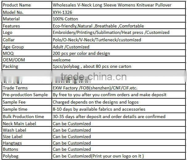 Wholesales V-Neck Long Sleeve Womens Knitwear Pullover