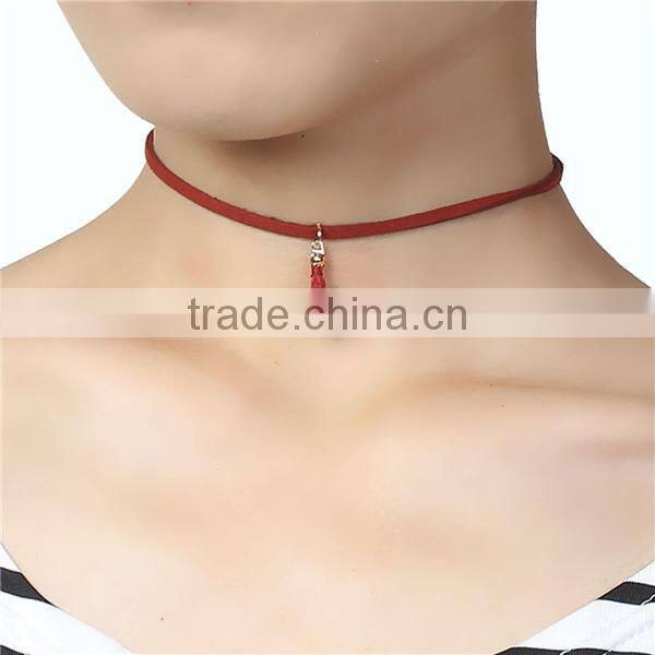 New Fashion Wine Red Velvet Suede Choker Necklace Gold Plated Tassel Pendant 34cm long