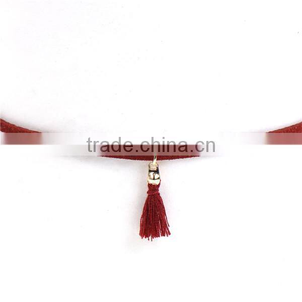 New Fashion Wine Red Velvet Suede Choker Necklace Gold Plated Tassel Pendant 34cm long