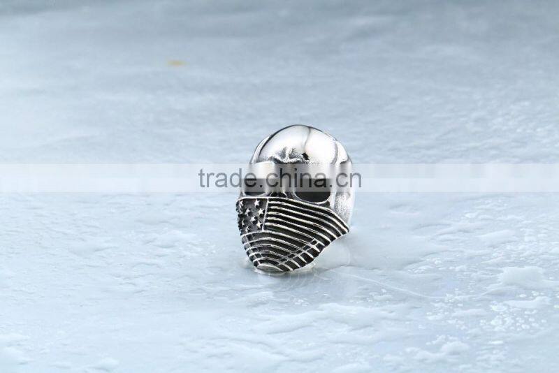 Mens Punk Goth Skull Ring Patriotic Stars Stripes Honor American Flag Bandit Biker Stainless Steel Ring Size 8-14